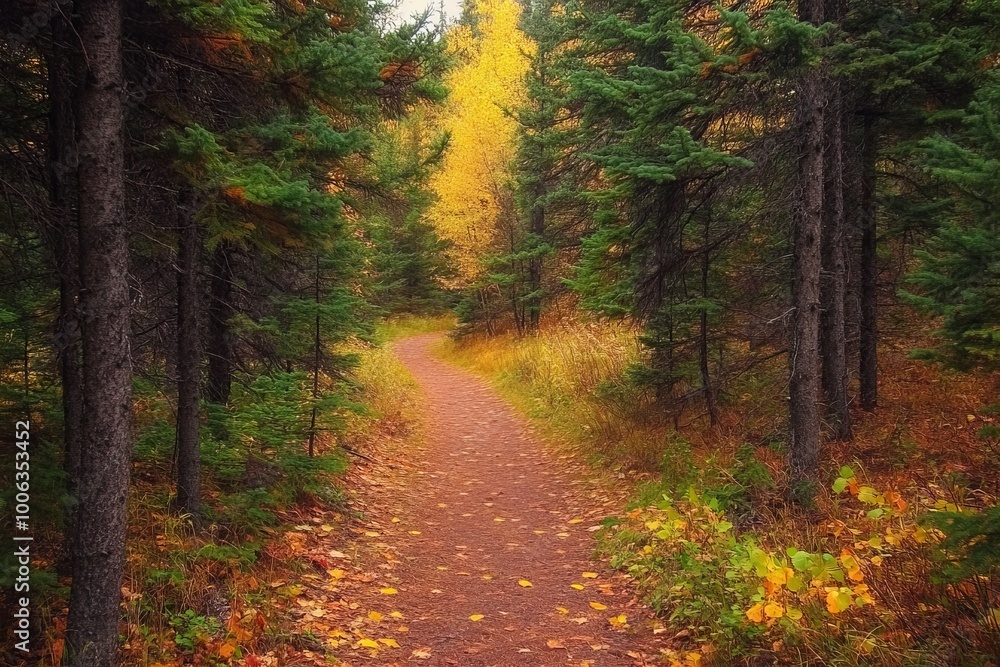 Obraz premium The lush autumn forest scene is illuminated by warm light and autumn leaves. A footpath leads through the woodland scene with gold foliage. This is a photo taken on a glorious autumn day, in a