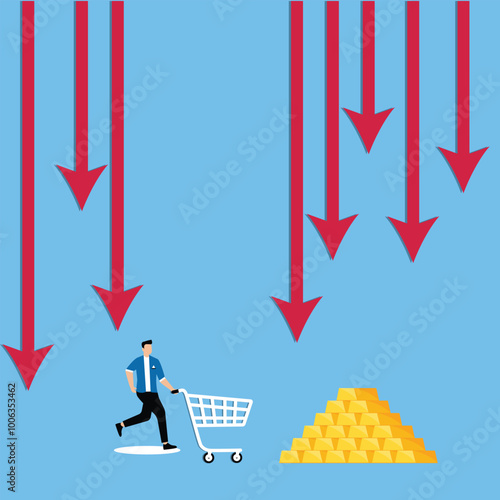 Low investor confidence, investing in gold during recession, safe haven asset against inflation concept, Businessman with shopping cart running away from downtrend graph attack and trying to buy gold