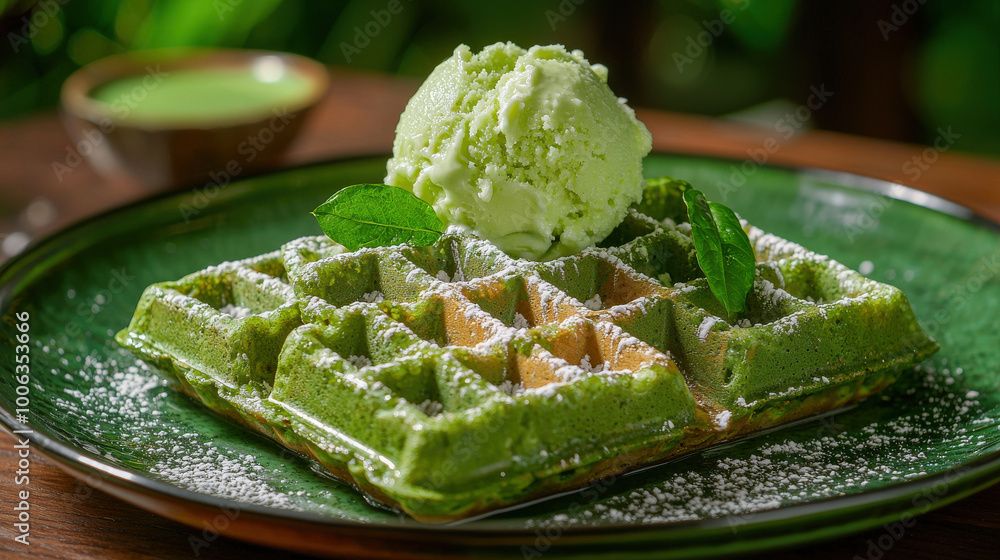Delight in vibrant green pandan waffles topped with creamy coconut ice cream, garnished with fresh leaves. This dish offers refreshing and unique dessert experience Delight in vibrant green pandan waffles topped with creamy coconut ice cream, garnished with fresh leaves. This dish offers refreshing and unique dessert experience