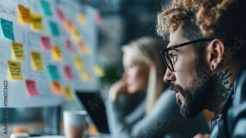 Close-up side profile of a tattooed man deeply engaged in thought, analyzing colorful notes on a board, emphasizing creativity and focused brainstorming in office space. photo