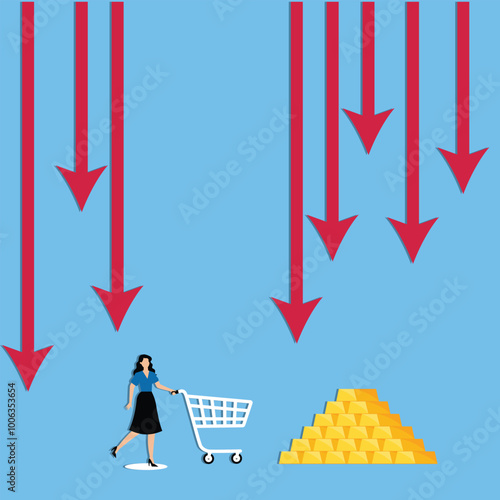 Low investor confidence, investing in gold during recession, safe haven asset against inflation concept, Businesswoman with shopping cart running away from downtrend graph attack and trying to buy gol