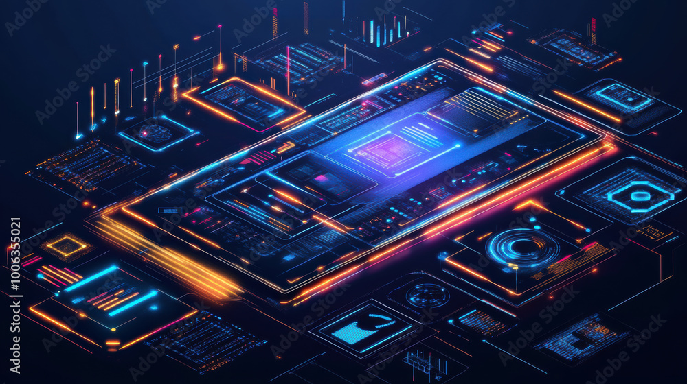 digital interface with transparent data layers showcases vibrant colors and intricate designs, creating futuristic and high tech atmosphere digital interface with transparent data layers showcases vibrant colors and intricate designs, creating futuristic and high tech atmosphere