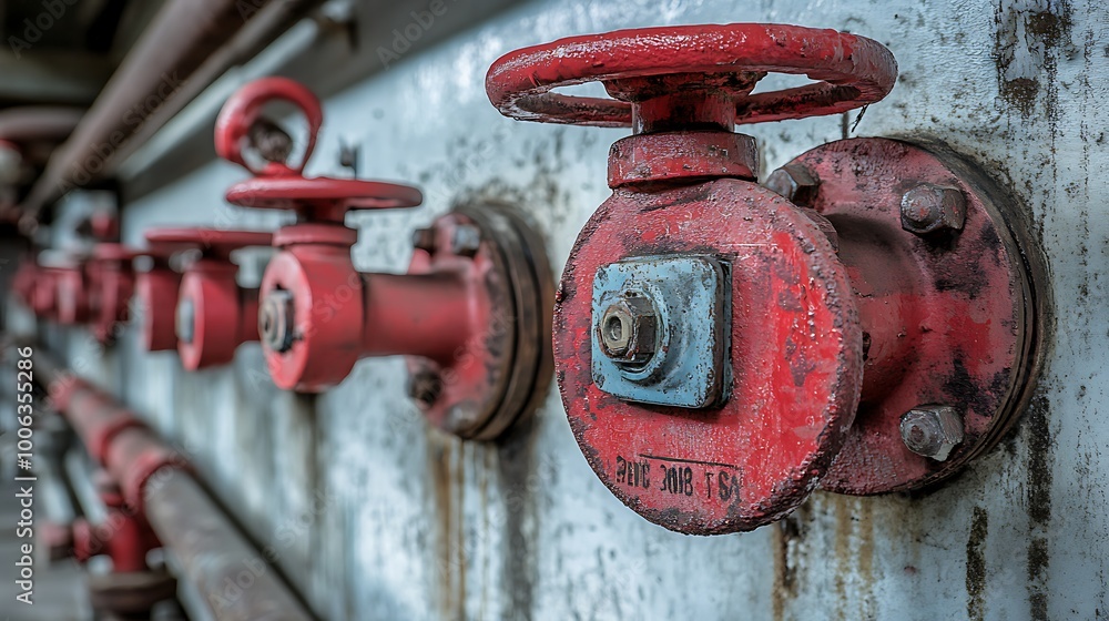 A detailed look at emergency shutoff valves strategically placed along the main water supply lines. These valves are painted red for visibility and labeled for quick identification.