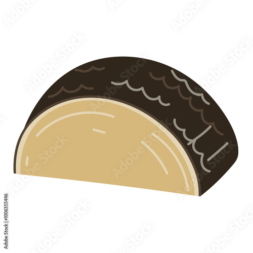 Hard cheese parmesan or pecorino, half a circle in a dark package cut in half, vector illustration, isolated highlighted on a white background. For the menu of dairy products, cafes, restaurants