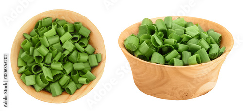 Wallpaper Mural Green onion in wooden bowl isolated on the white background. Top view. Flat lay. Torontodigital.ca