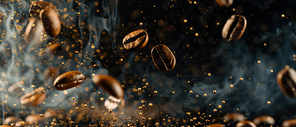 Close up of flying roasted coffee beans with golden shimmer, lights, particles. Macro shot of coffee for advertising, cafe banner. Generative ai Close up of flying roasted coffee beans with golden shimmer, lights, particles. Macro shot of coffee for advertising, cafe banner. Generative ai