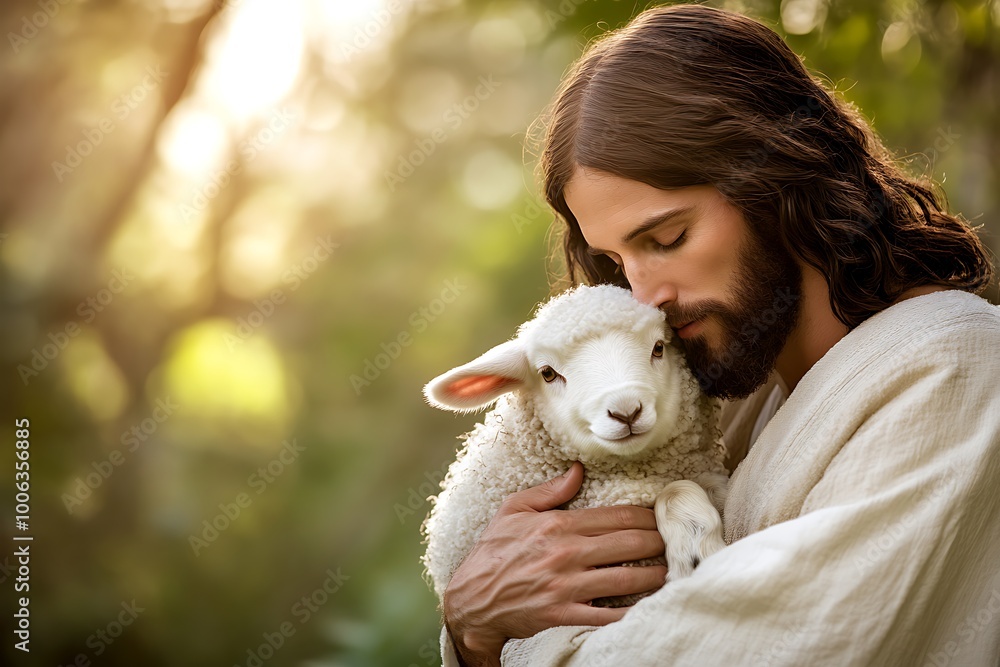 Christ jesus with white sheep in the forest Christ jesus with white sheep in the forest