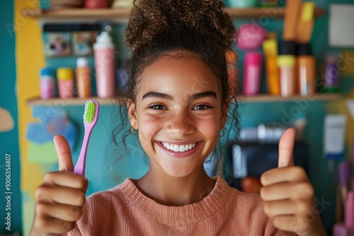 A cheerful young girl with curly hair holds a green toothbrush, smiling and giving a thumbs up in a colorful setting, representing dental care positivity and well-being. photo