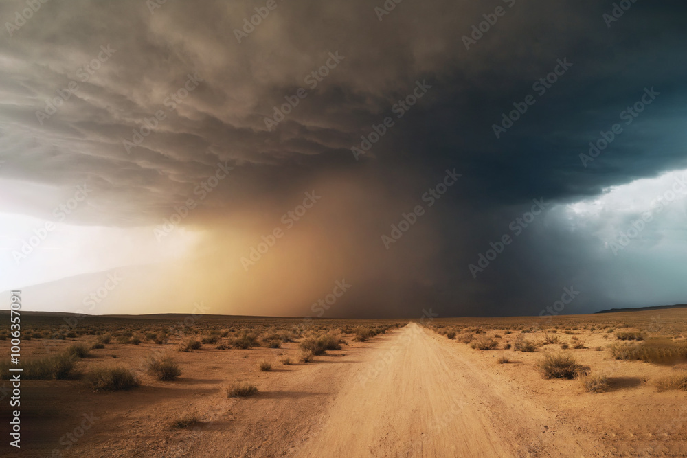 Large sandstorm moving across the horizon over a desert plain, gigant sand wave Large sandstorm moving across the horizon over a desert plain, gigant sand wave