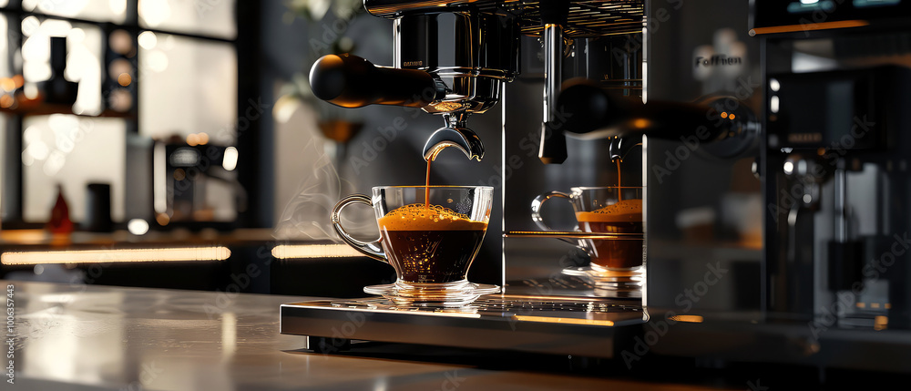 Close-up of coffee brewing at professional coffee machine. Pouring espresso. Coffee shop, caffe illustration. Generative ai Close-up of coffee brewing at professional coffee machine. Pouring espresso. Coffee shop, caffe illustration. Generative ai