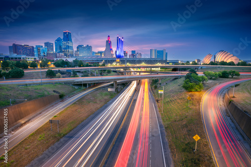 Kansas City, Missouri, USA. Cityscape image of Kansas City skyline with busy highway leading to the city at autumn sunrise.