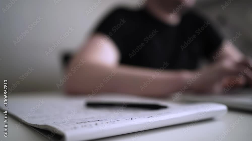 Work from Home: Man Using Laptop and Notebook for Journaling Ideas Work from Home: Man Using Laptop and Notebook for Journaling Ideas
