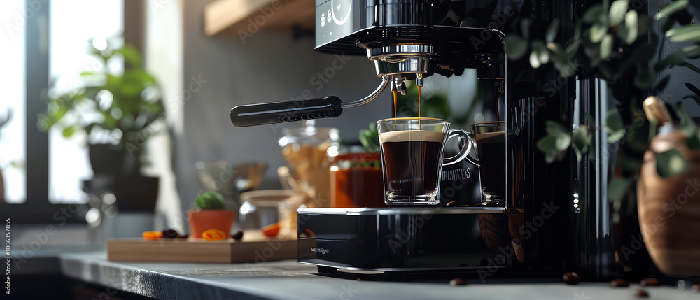 Close-up of coffee brewing at coffee machine on the cozy modern kitchen. Pouring espresso. Coffee shop, caffe illustration. Generative ai Close-up of coffee brewing at coffee machine on the cozy modern kitchen. Pouring espresso. Coffee shop, caffe illustration. Generative ai