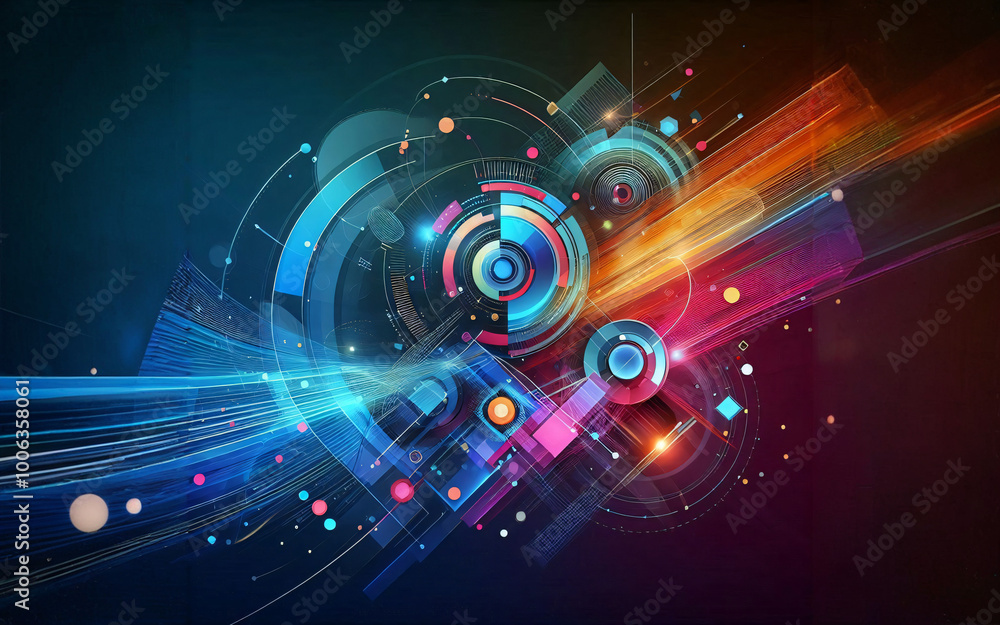 Obraz premium Digital technology metaverse neon blue green background, cyber information, abstract speed connect communication, retro