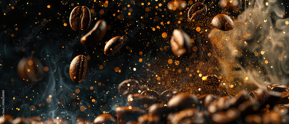 Close up of flying roasted coffee beans with golden shimmer, lights, particles. Macro shot of coffee for advertising, cafe banner. Generative ai Close up of flying roasted coffee beans with golden shimmer, lights, particles. Macro shot of coffee for advertising, cafe banner. Generative ai