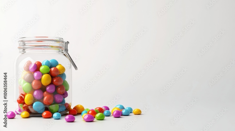 Detailed, realistic candy jar with vibrant sweets, placed on a clean white background with space for text. Detailed, realistic candy jar with vibrant sweets, placed on a clean white background with space for text.