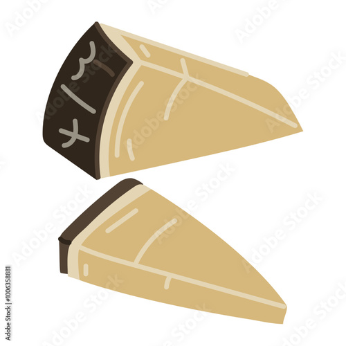 Hard cheese parmesan or pecorino, cut into triangular pieces in a dark package separately, vector illustration, isolated highlighted on a white. For the menu of dairy products, cafes, restaurants