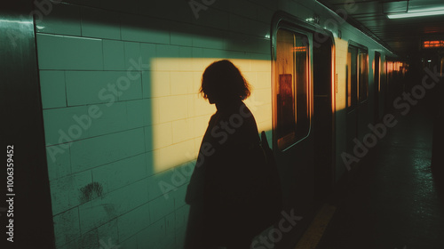 Silhouette of a person standing on a dimly lit subway platform, with warm light casting shadows through a train window, creating a moody, cinematic atmosphere.