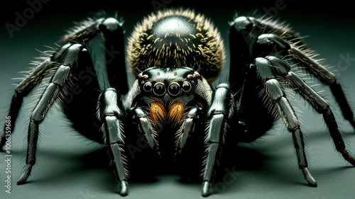 A close up of a black spider with yellow markings on its face