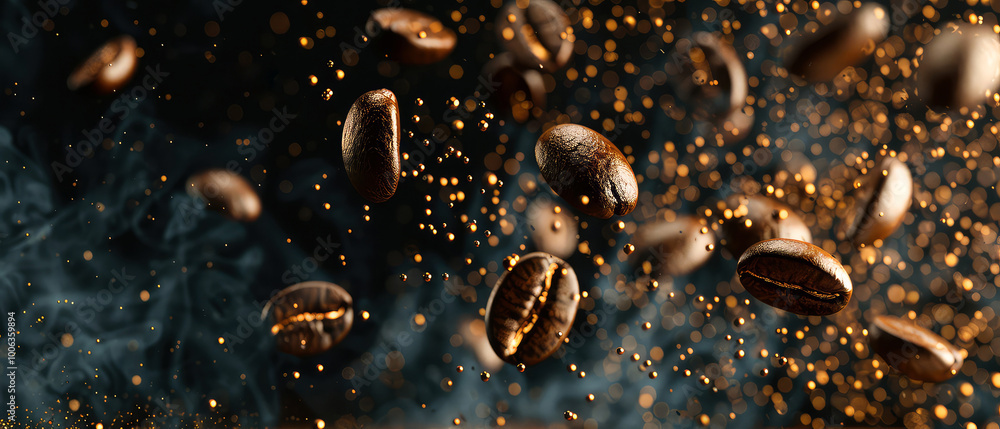 Close up of flying roasted coffee beans with golden shimmer, lights, particles. Macro shot of coffee for advertising, cafe banner. Generative ai Close up of flying roasted coffee beans with golden shimmer, lights, particles. Macro shot of coffee for advertising, cafe banner. Generative ai