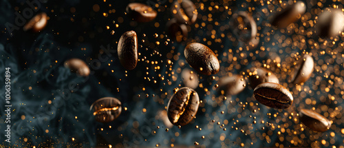 Close up of flying roasted coffee beans with golden shimmer, lights, particles. Macro shot of coffee for advertising, cafe banner. Generative ai