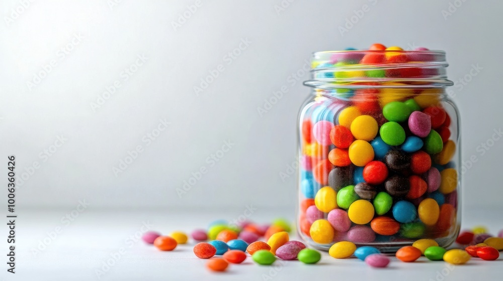 Colorful candy jar on a clean white background, leaving room for text or additional design elements. Colorful candy jar on a clean white background, leaving room for text or additional design elements.