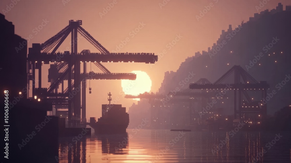 Obraz premium Container cargo ship docked at sunrise, with cranes loading containers, symbolizing global logistics and transportation.