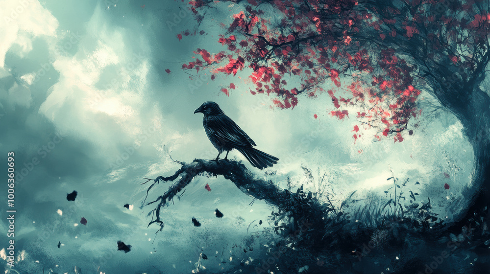 Fototapeta premium solitary crow perches on twisted branch, surrounded by mystical landscape. scene features dramatic sky and vibrant red leaves, evoking sense of mystery and tranquility