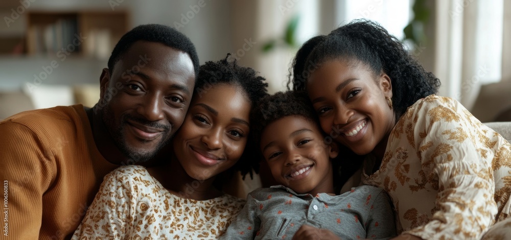Happy family on couch with mother, father, and children. Happy family on couch with mother, father, and children.