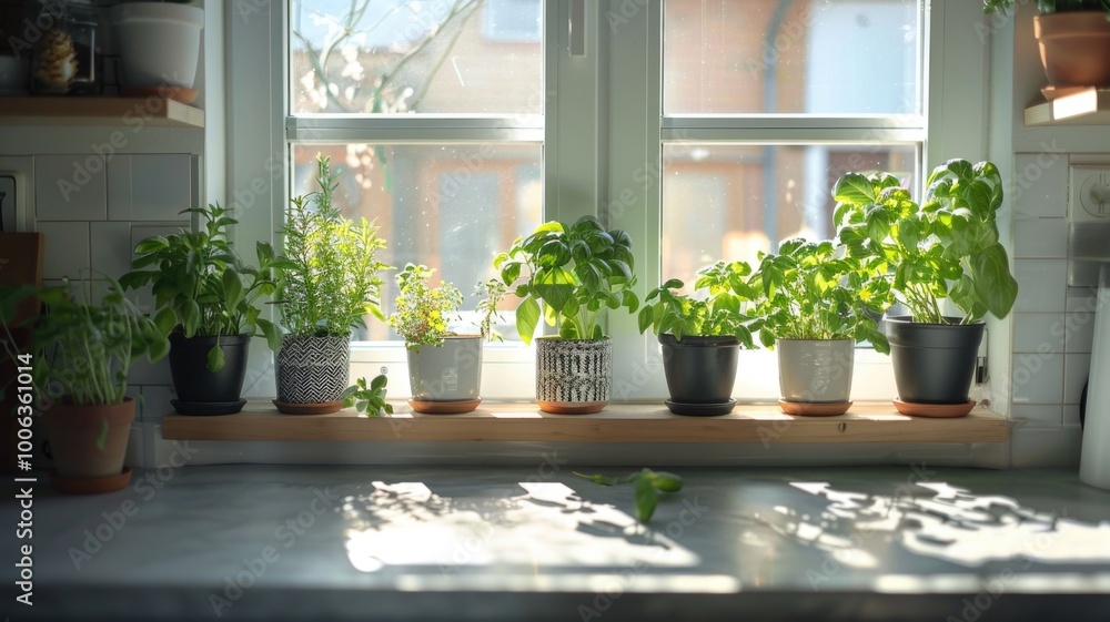 Houseplant Appreciation Day,row of potted herbs basking in the sunlight by a kitchen Houseplant Appreciation Day,row of potted herbs basking in the sunlight by a kitchen