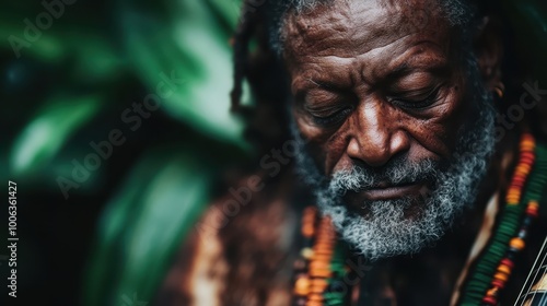 A senior man, dressed in intricately decorated clothing, closes his eyes amidst lush green surroundings, deep in contemplative thought and inner peace.