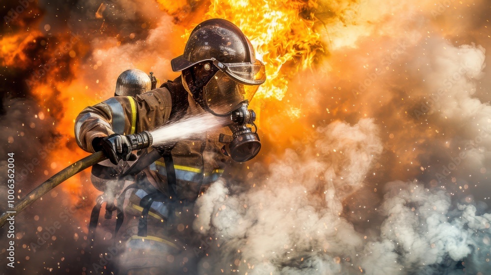 Firefighter Battling Intense Flames with Hose
Firefighter Battling Intense Flames with Hose