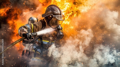 Firefighter Battling Intense Flames with Hose 