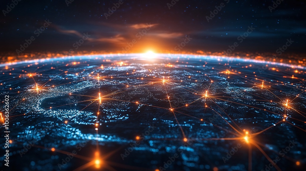 Obraz premium digital network patterns symbolizing futuristic connectivity, focusing on IoT technology, automation, and global-scale integration of smart devices and wireless communication