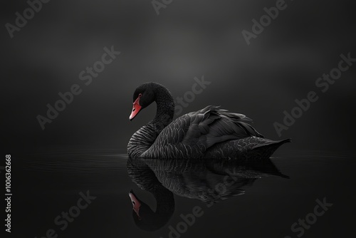 Fototapeta Naklejka Na Ścianę i Meble -  A black swan with a red beak glides gracefully across a still, dark water surface, its reflection mirroring its elegant form.