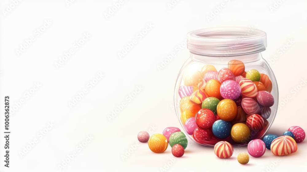 Detailed candy jar with assorted sweets, set on a clean white background with space for adding text. Detailed candy jar with assorted sweets, set on a clean white background with space for adding text.