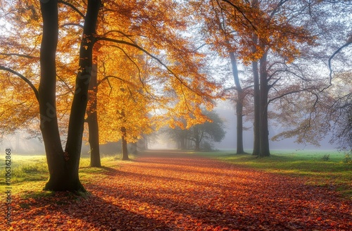 Krakow, Poland, autumn park alley with fallen leaves