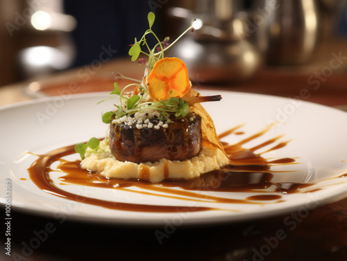 Gourmet beef dish with mashed potatoes and microgreens