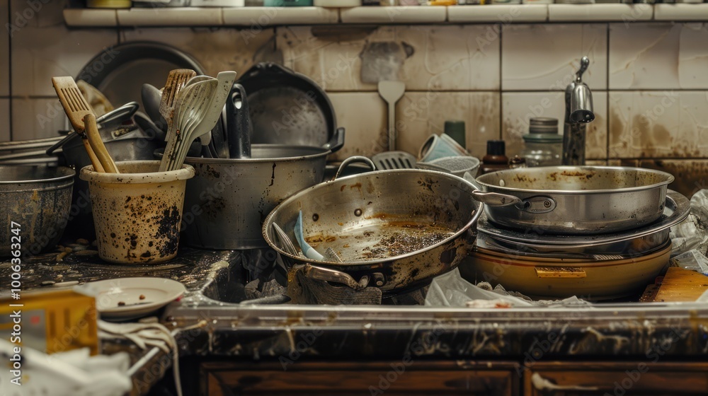 Dirty dishes and cutlery in the kitchen sink to be washed Dirty dishes and cutlery in the kitchen sink to be washed