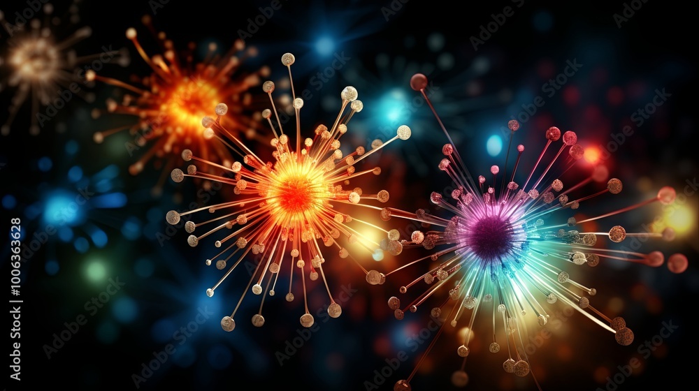 Fototapeta premium A vibrant abstract composition of glowing spheres connected by radiating lines, showcasing a dynamic and intricate web of interconnected elements.
