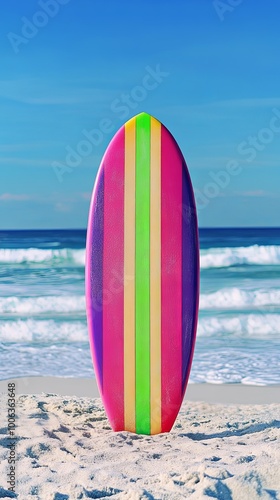 A brightly colored surfboard stands upright on a sandy beach with ocean waves in the background.