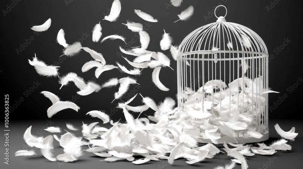 Naklejka premium Detailed image of an empty birdcage with an open door, feathers slowly drifting away in a soft breeze.