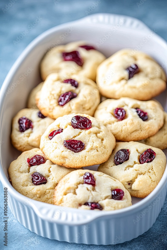 A close up view of a white baking dish filled with freshly baked cranberry cookies. A close up view of a white baking dish filled with freshly baked cranberry cookies.