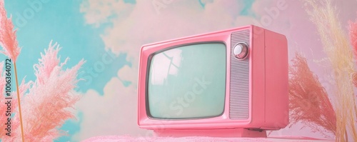 Wallpaper Mural Retro pink television in pastel landscape, vintage nostalgia concept Torontodigital.ca