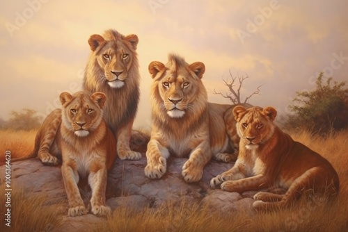 Four lions resting on a rock in a serene landscape.