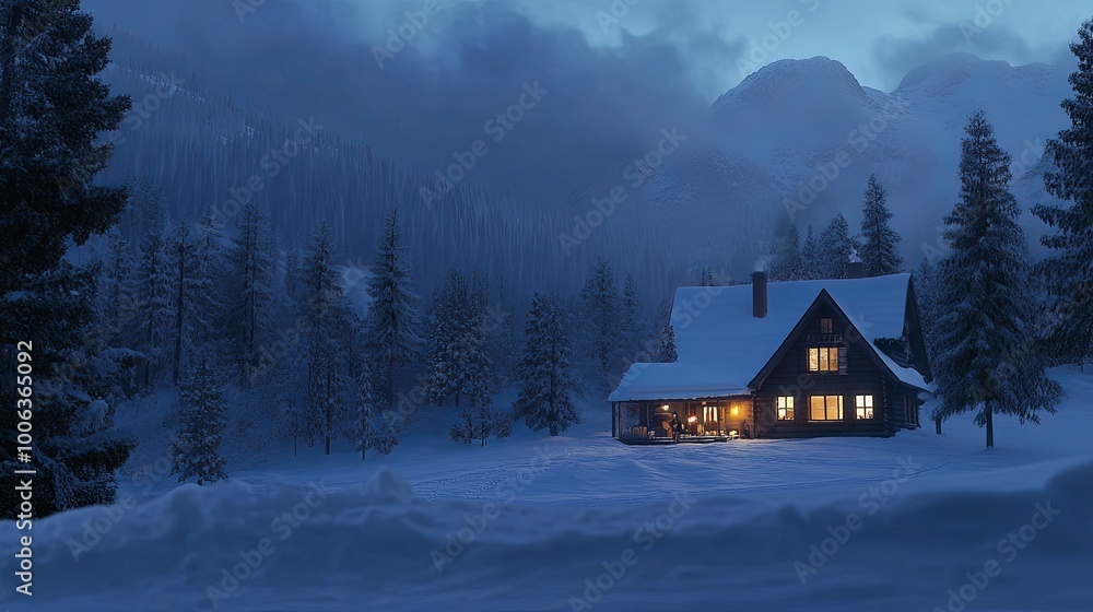 A cozy cabin with warm lights glows in the snowy landscape of a mountain forest at dusk. A cozy cabin with warm lights glows in the snowy landscape of a mountain forest at dusk.
