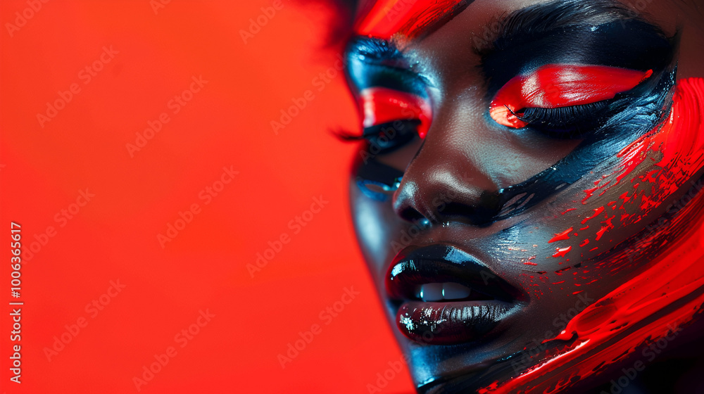 portrait of a black woman with a red painting on her face portrait of a black woman with a red painting on her face