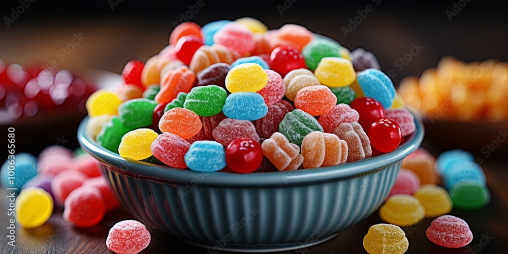 A bowl filled to the brim with colorful, sugar-coated candies, scattered around the bowl are more candies, hinting at a sweet and playful scene. A bowl filled to the brim with colorful, sugar-coated candies, scattered around the bowl are more candies, hinting at a sweet and playful scene.