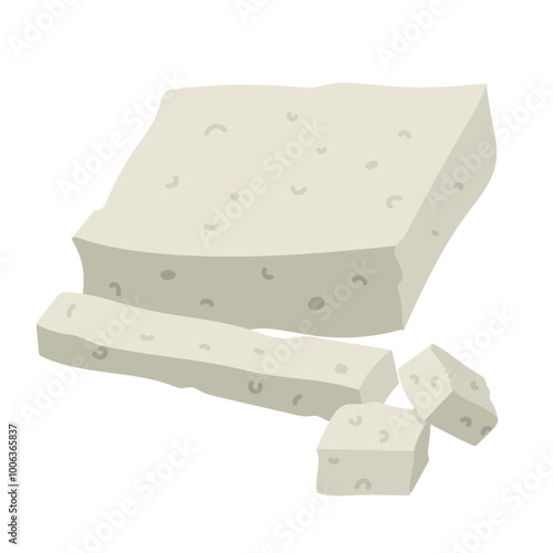 a flat piece of rectangular feta cheese, highlighted on white. A whole piece of pressed dairy product with sliced slices and cubes. White Greek curd cheese made from sheep's milk or milk beans