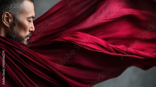 A portrait of a man wrapped in vibrant red fabric blowing in a dramatic motion, creating a dynamic and expressive composition against a neutral backdrop. photo